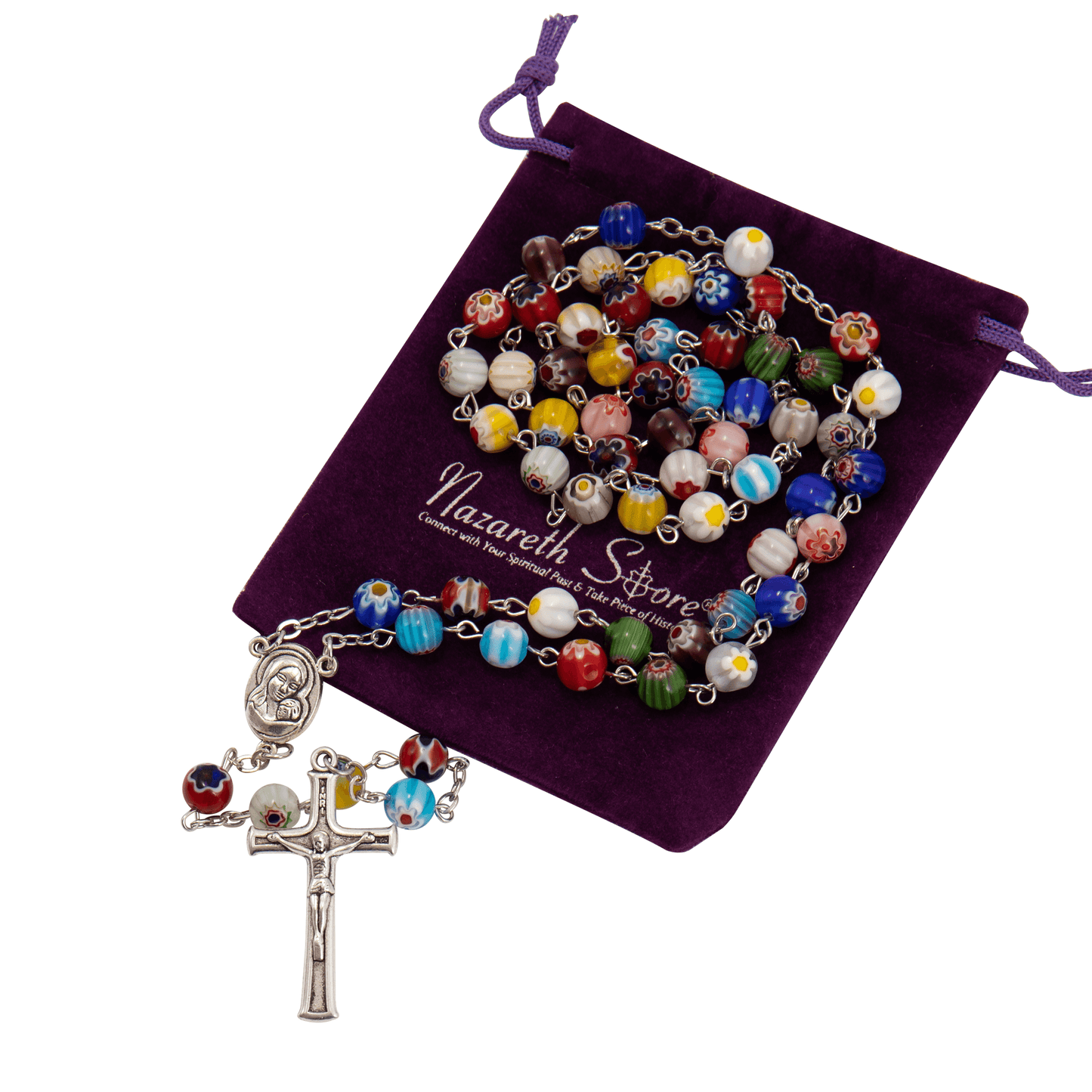 Colorful Murano Glass Rosary Necklace Millefiori Beads Rosary Holy Soil Medal and Cross - Nazareth Store