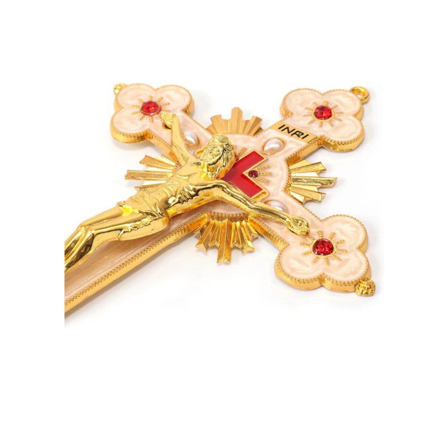 Golden Jesus Cross Standing Tabletop INRI Crucifix with Red Crystallized Glass - Nazareth Store