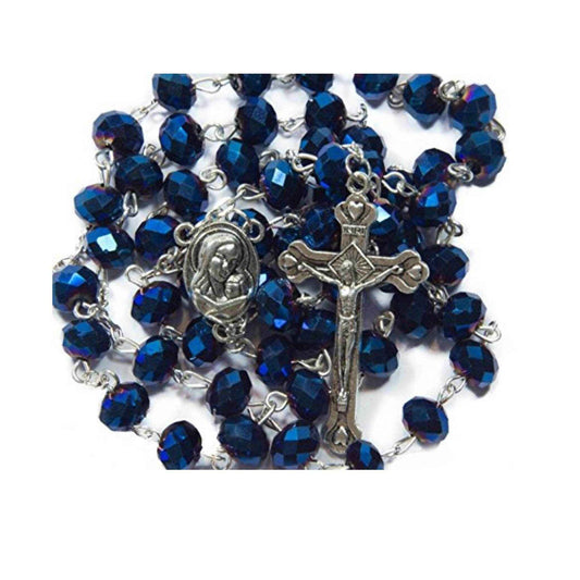 Deep Blue Crystal Beads Rosary Necklace Holy Soil Medal and Cross