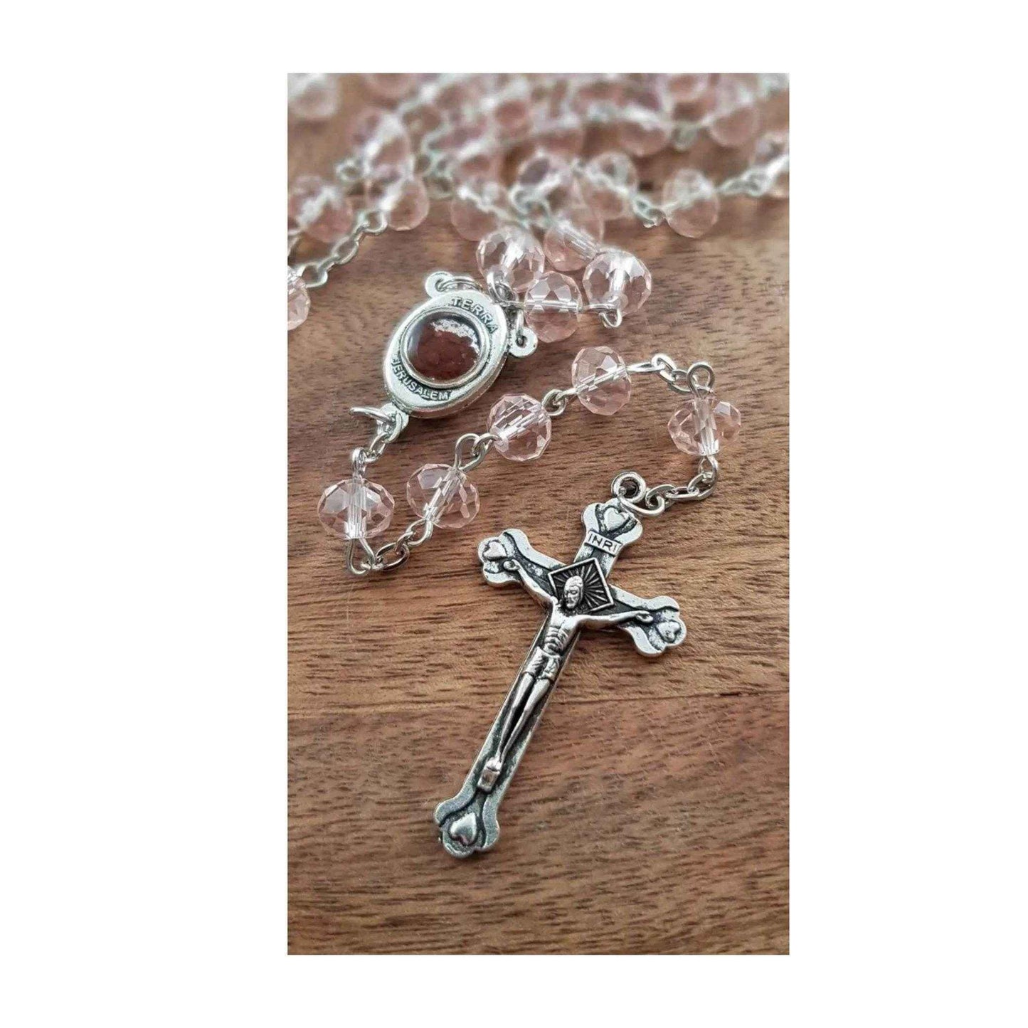 Pink Crystal Beads Rosary Necklace Holy Soil Medal & Silver Jesus Cross Crucifix