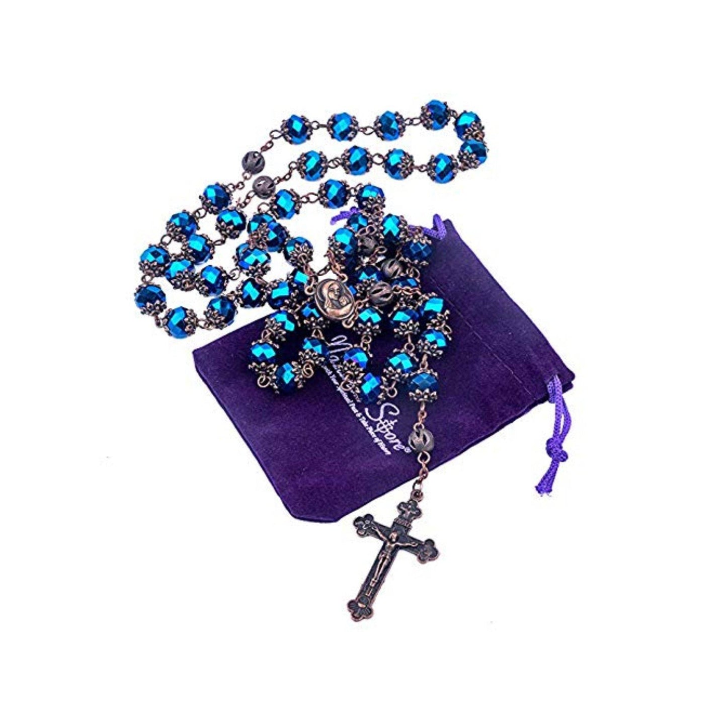 Deep Blue Crystallized Beads Rosary Handmade Prayer Necklace - Nazareth Store