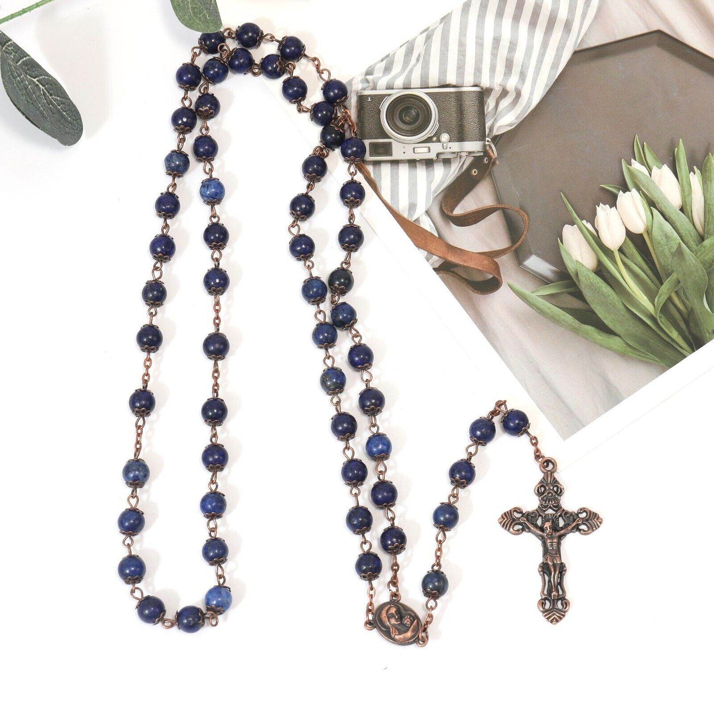 Blue Lapis Lazuli Natural Stone Rosary Beads Necklace Holy Soil & Cross - Nazareth Store