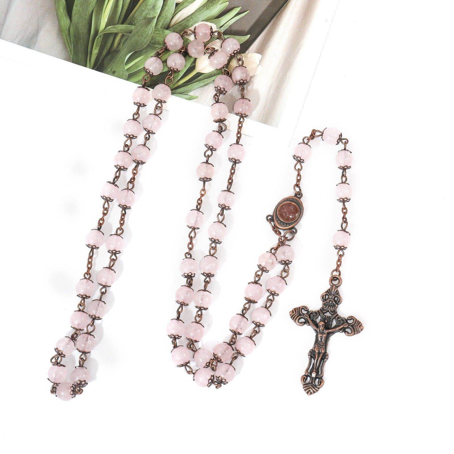 Rose Quartz Natural Stone Rosary Beads Necklace Holy Soil & Cross Crucifix - Nazareth Store