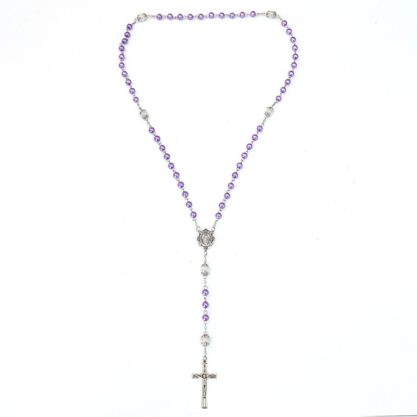 Purple Pearl Beads Rosary White Our Father Beaded Necklace Lourdes Medal & Cross Crucifix - Nazareth Store
