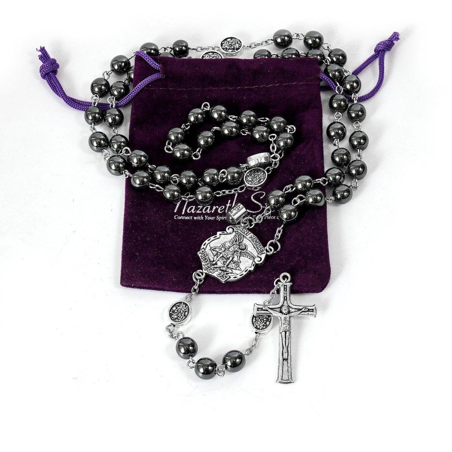 St. Michael Hematite Stone Beads Rosary Lords Prayer Saint Medal & Crucifix - Nazareth Store