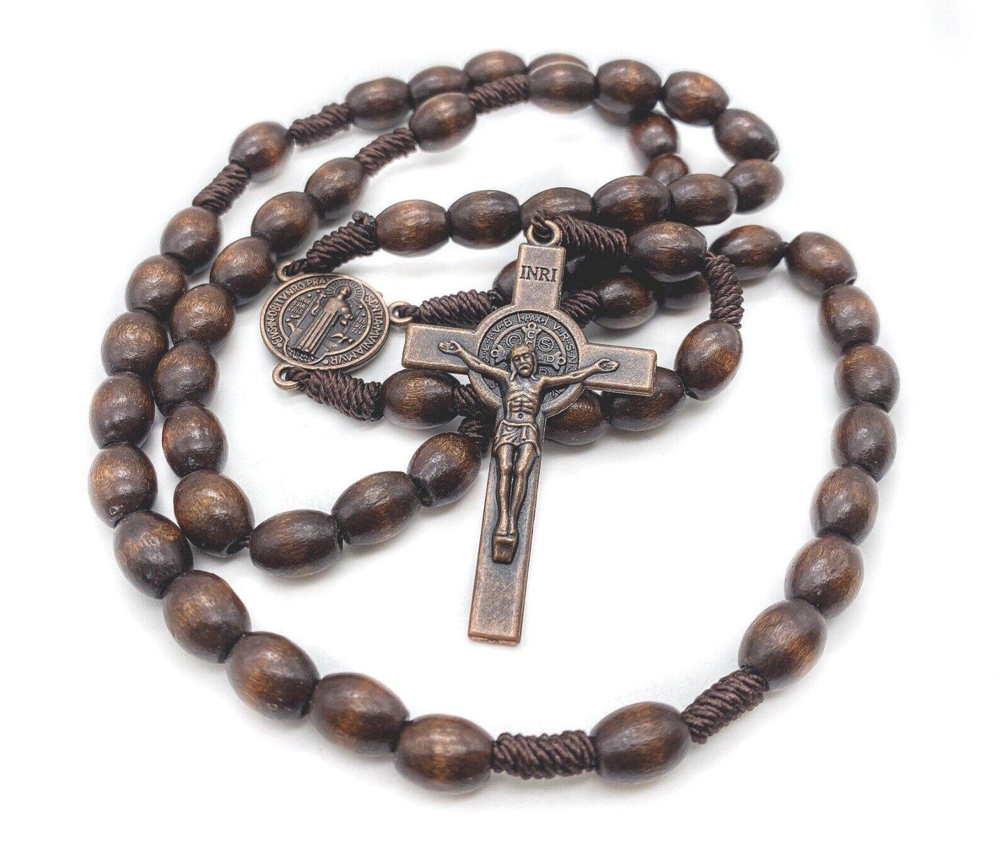 St Benedict Wood Rosary Cord Beaded Chaplet Wood Beads Saint Medal & Cross - Nazareth Store