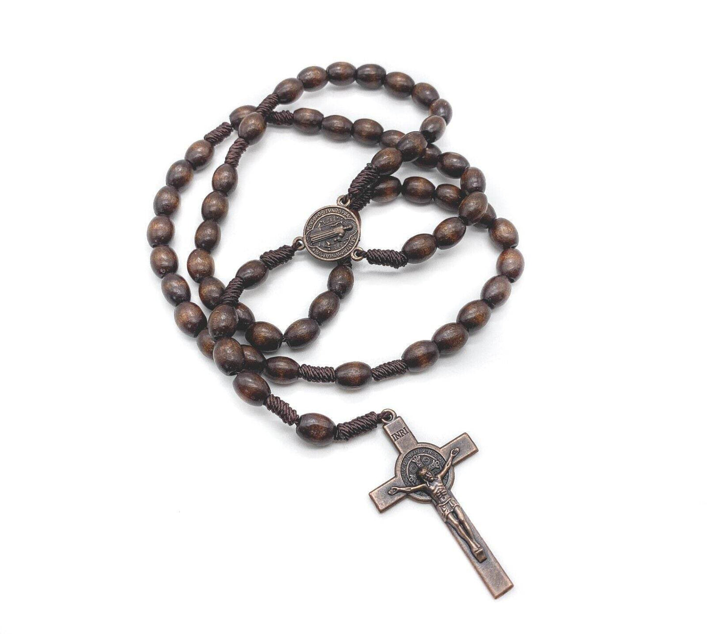 St Benedict Wood Rosary Cord Beaded Chaplet Wood Beads Saint Medal & Cross - Nazareth Store