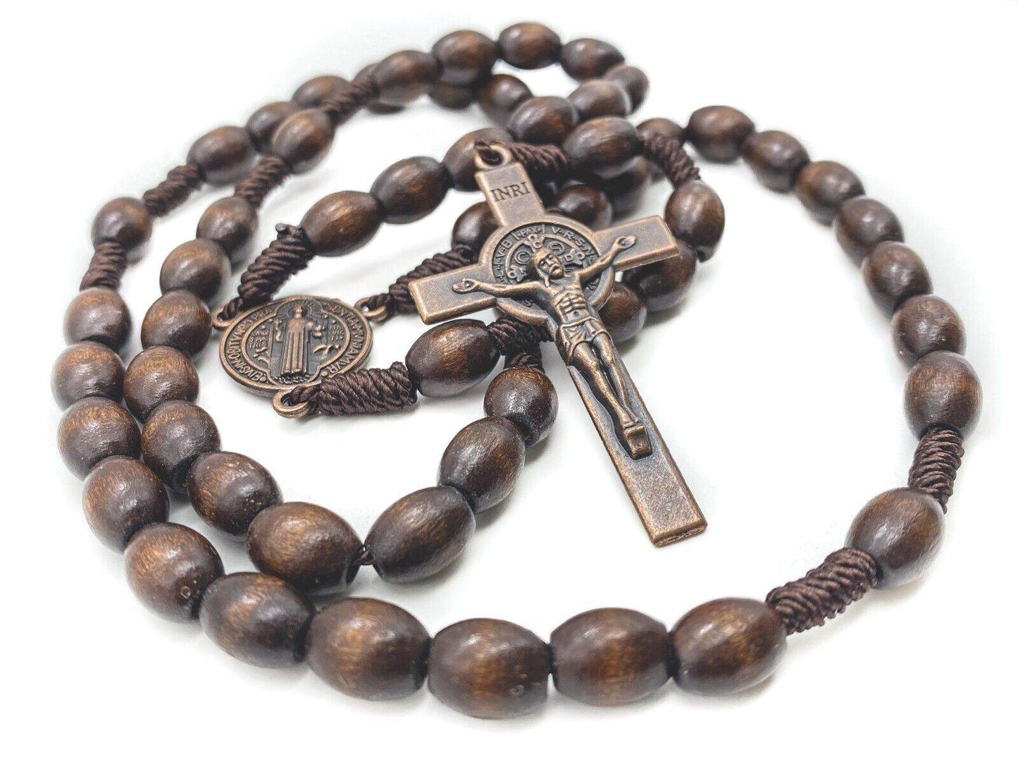 St Benedict Wood Rosary Cord Beaded Chaplet Wood Beads Saint Medal & Cross - Nazareth Store