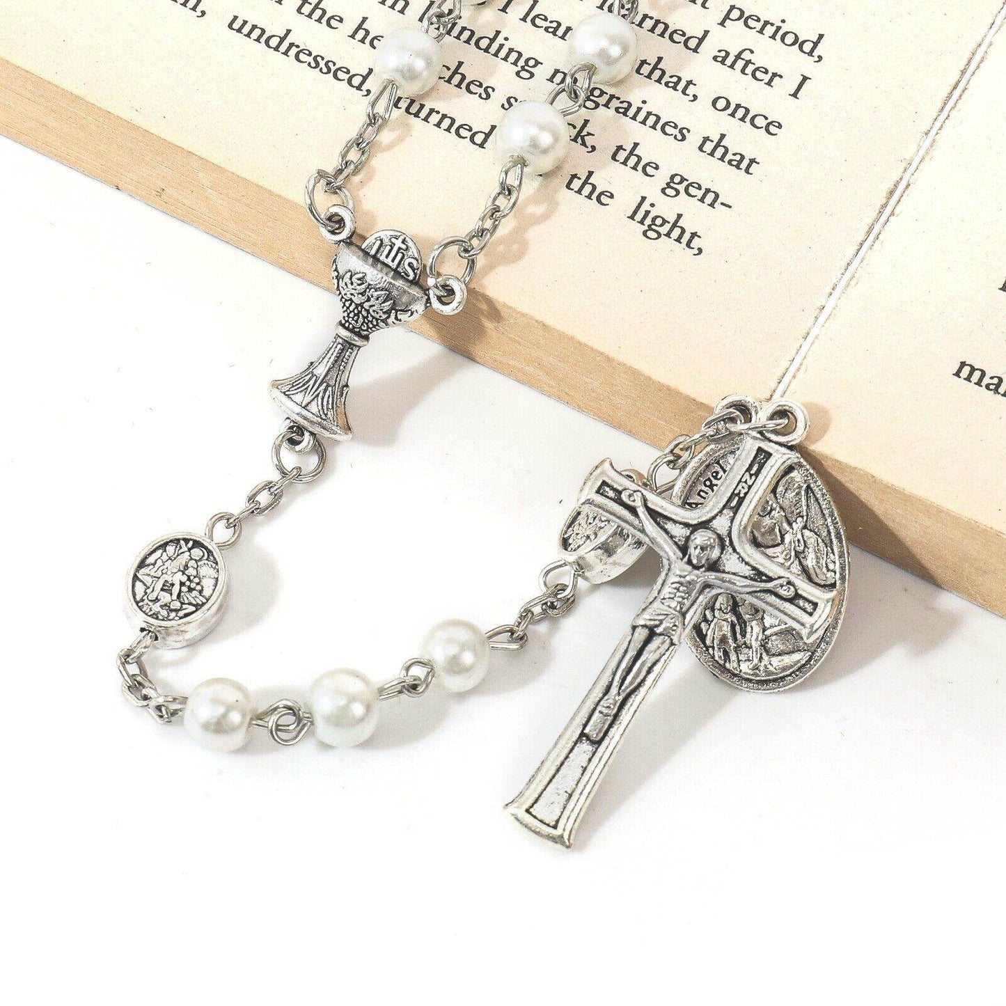 White Pearl Communion Rosary with Guardian Our Father Beads and St. Michael Medal - Nazareth Store