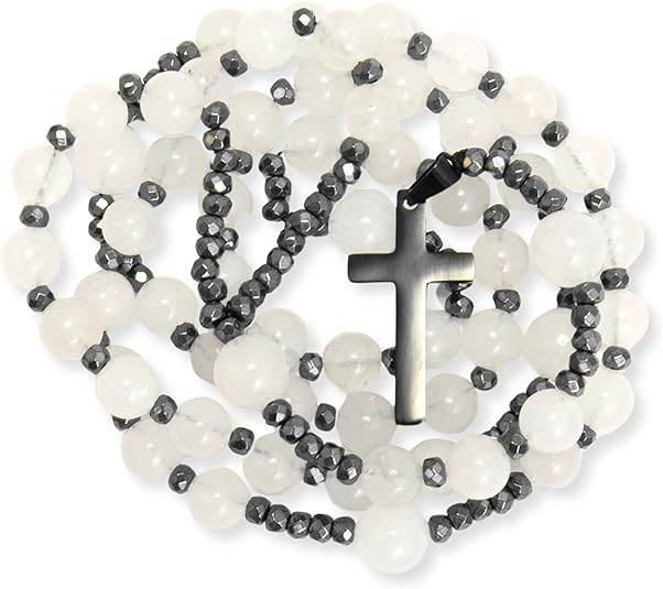 Hematite Stone Beaded Rosary Necklace with Black Metal Cross - Nazareth Store