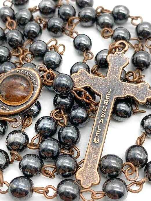 Black Hematite Rosary Stone Beads Handmade Chaplet Holy Soil Medal & Cross