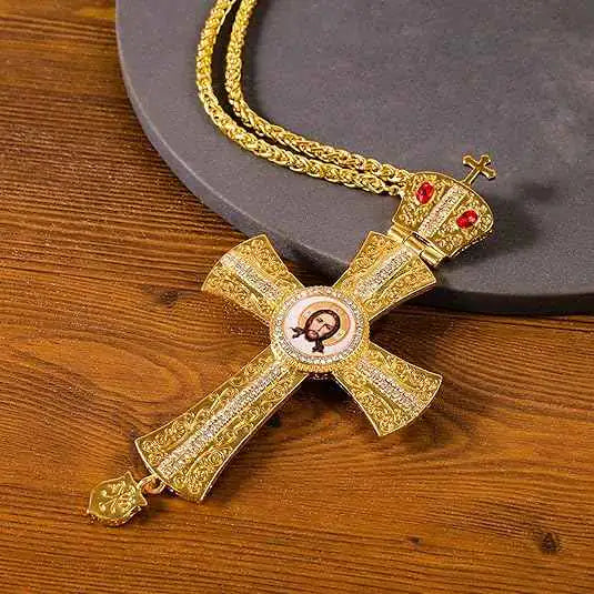 Orthodox Gold Plated Cross Necklace Red Stone Christian Crucifix Pendant
