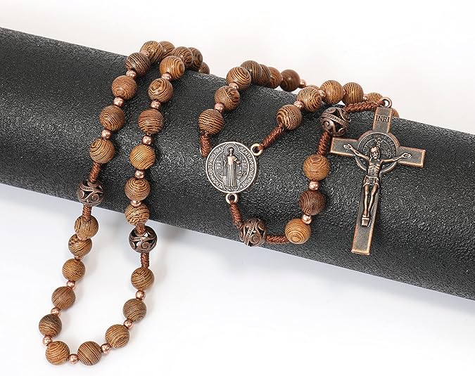 Sacred Wooden Rosary St Benedict Solid Wood & Metal Beads Catholic Chaplet 20" - Nazareth Store
