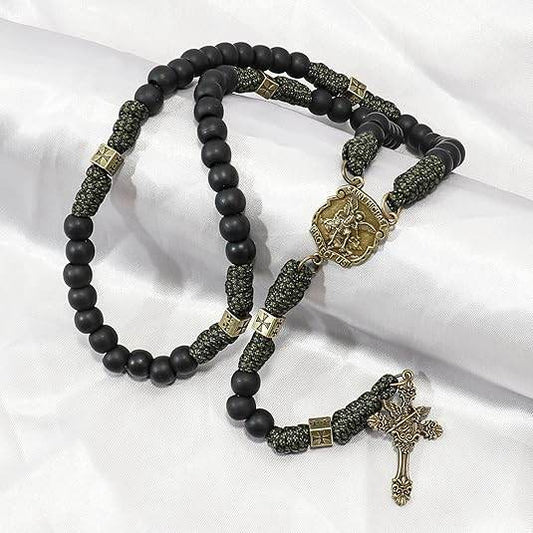 Antique Bronze Metal Rugged Paracord Rosary Necklace Black Matte Prayer Beads with Saint Medal and Crucifix Cross - Nazareth Store