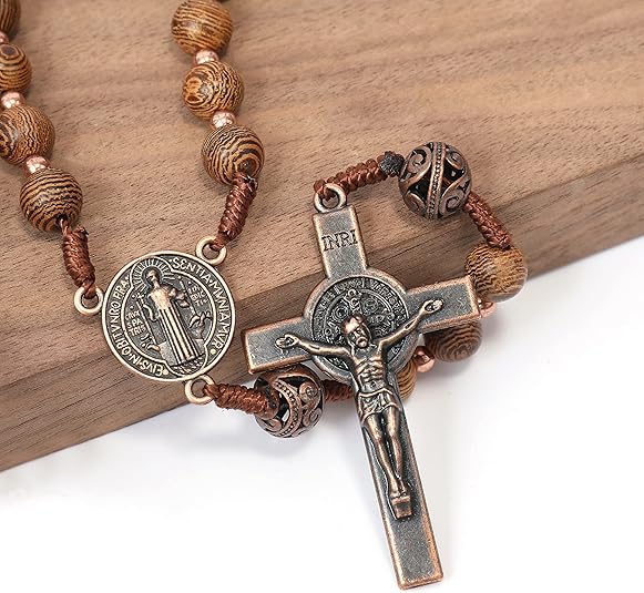 Sacred Wooden Rosary St Benedict Solid Wood & Metal Beads Catholic Chaplet 20" - Nazareth Store