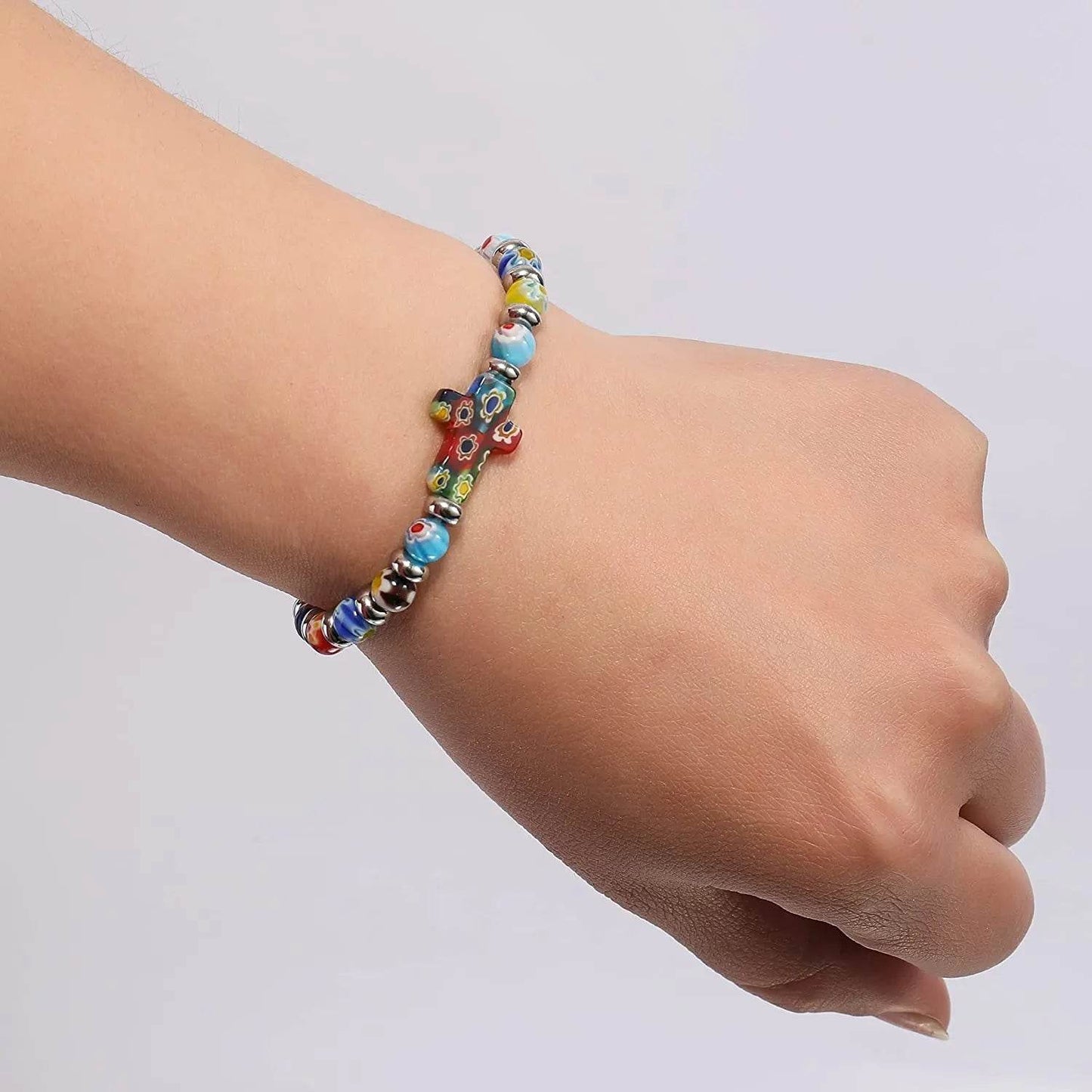 Agate Flowers Beads Cross Bracelet Bangle Handmade Christian Bracelet - Nazareth Store