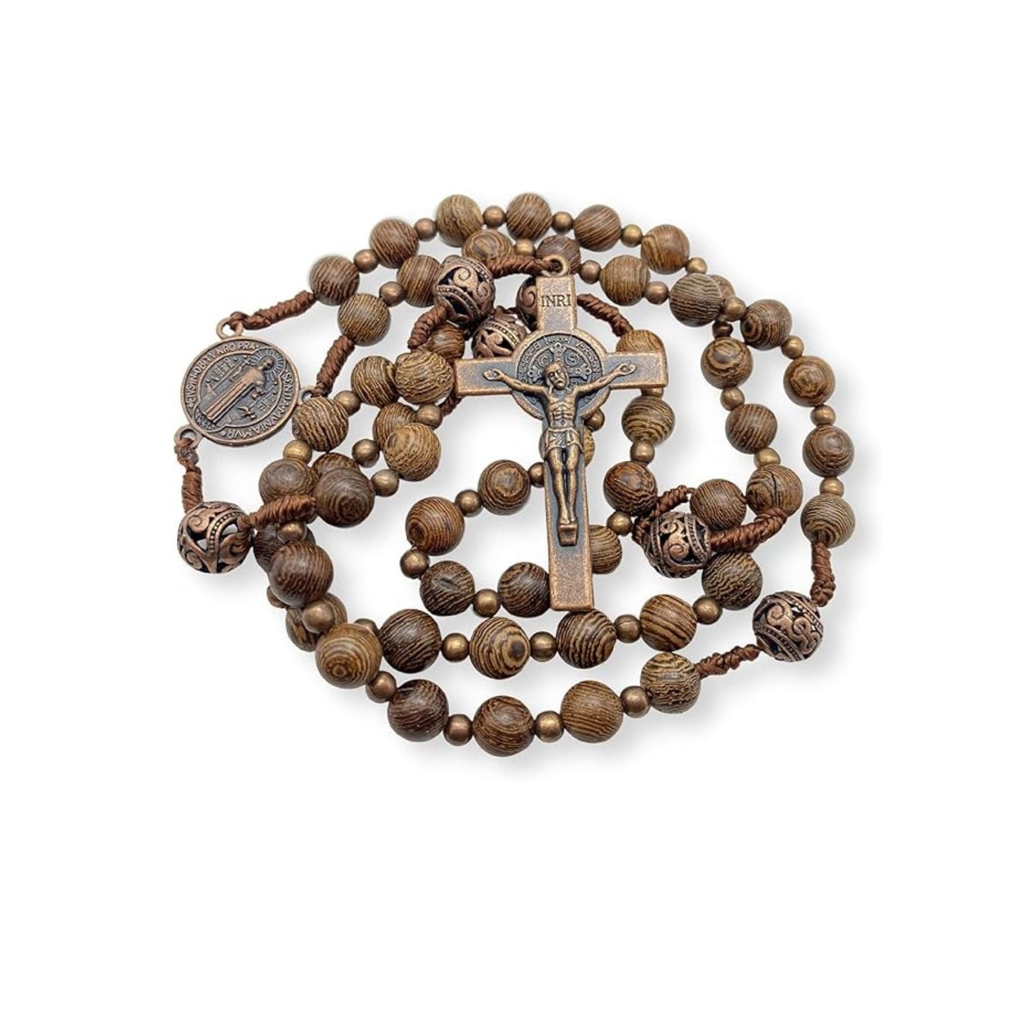 Sacred Wooden Rosary St Benedict Solid Wood & Metal Beads Catholic Chaplet 20" Nazareth Store