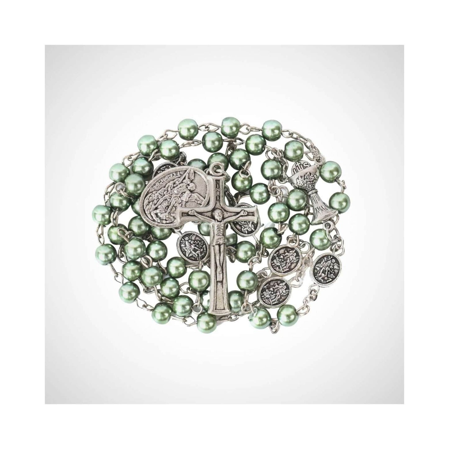 Green Pearl Communion Rosary Guardian Our Father Beads and St. Michael Medal - Nazareth Store