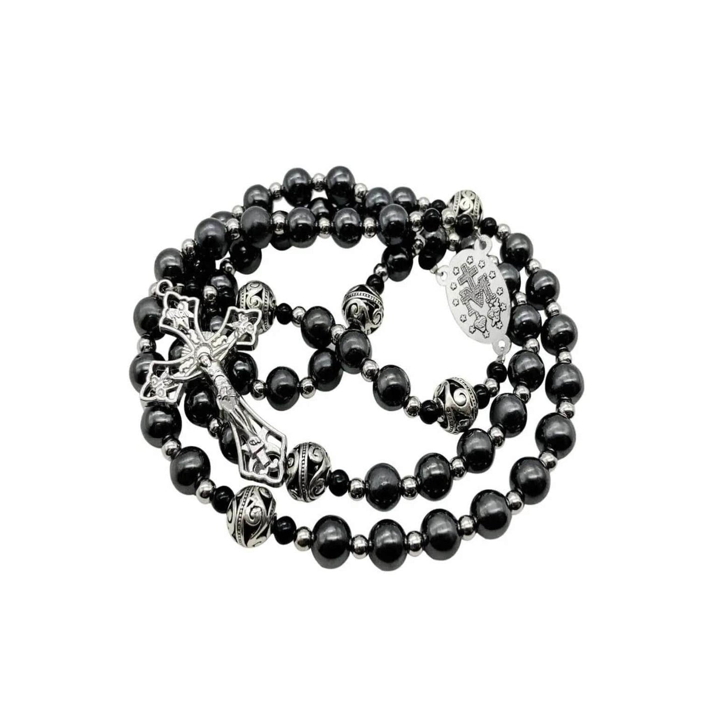 Hematite Rosary Necklace Handmade Chaplet Metal Glory Beads & Miraculous Medal - Nazareth Store