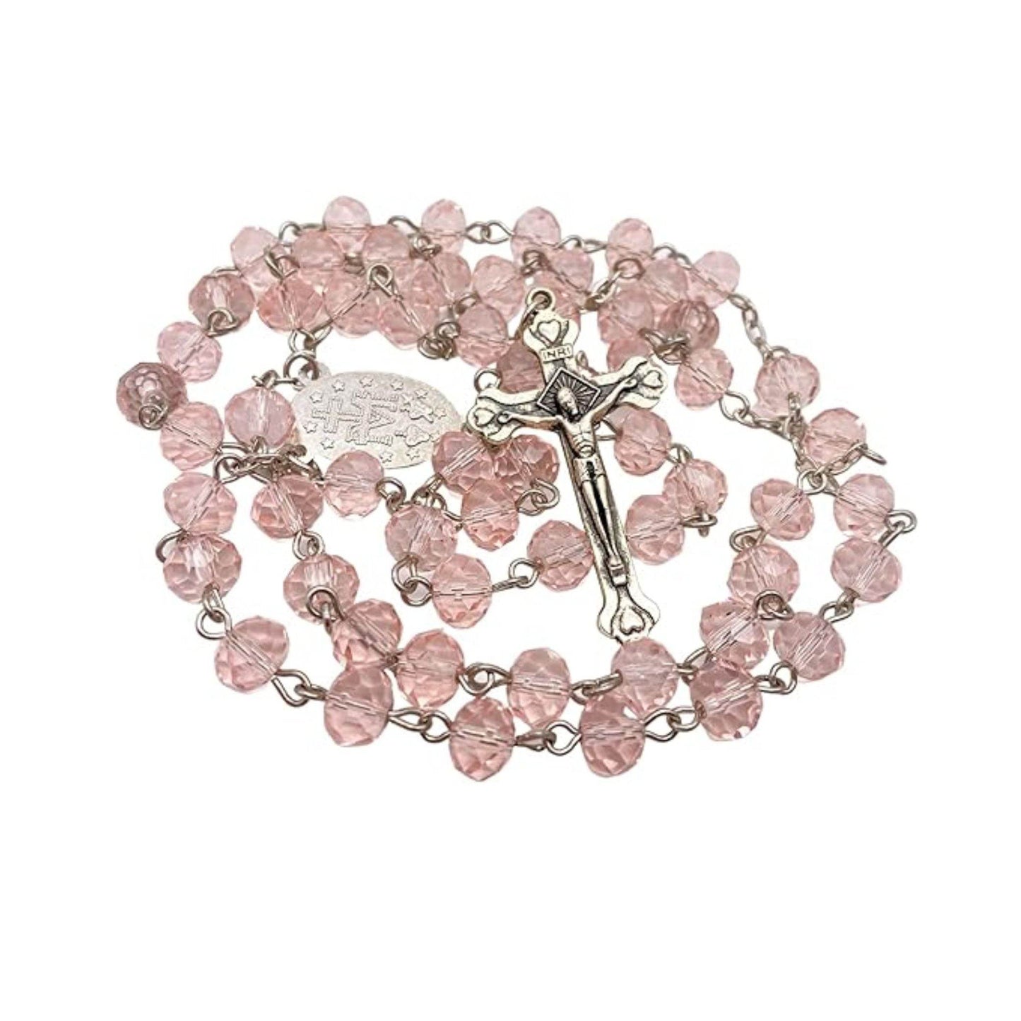 Catholic Pink Crystal Beads Rosary Necklace Miraculous Medal - Nazareth Store