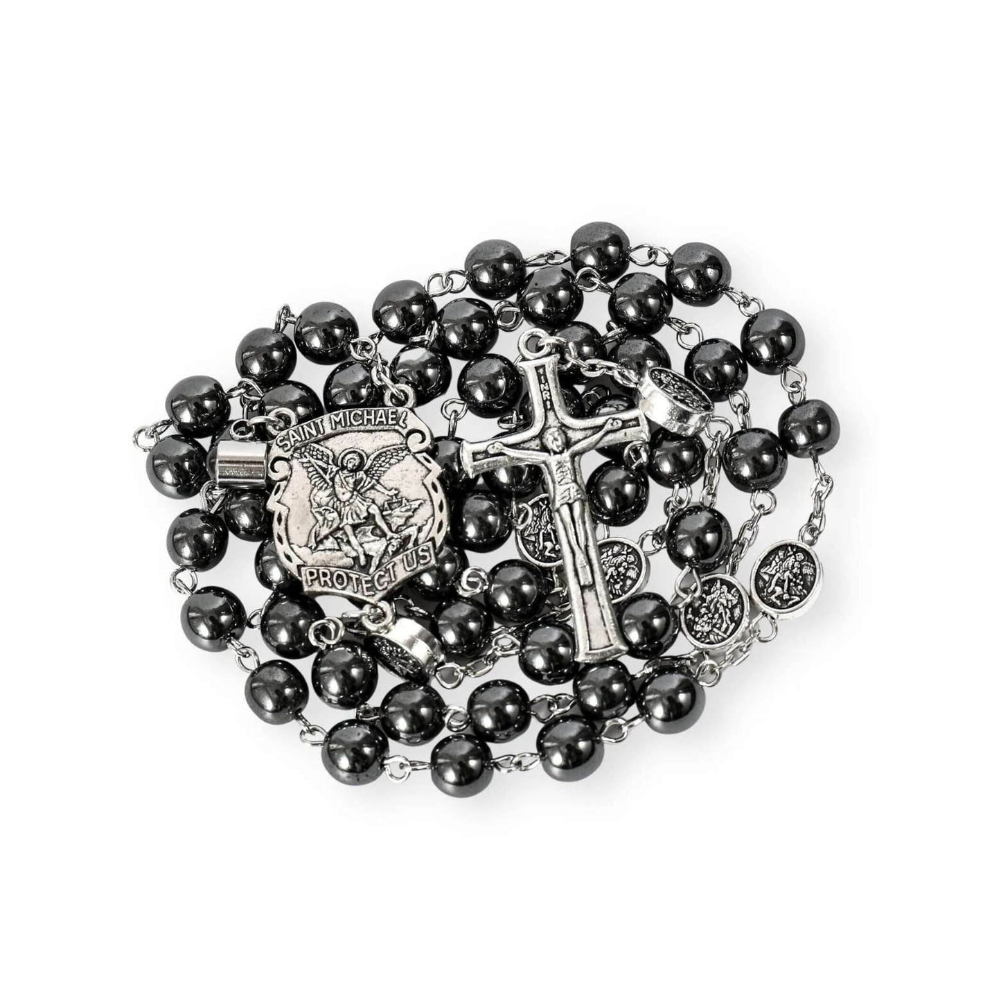 St. Michael Hematite Stone Beads Rosary Lords Prayer Saint Medal & Crucifix - Nazareth Store