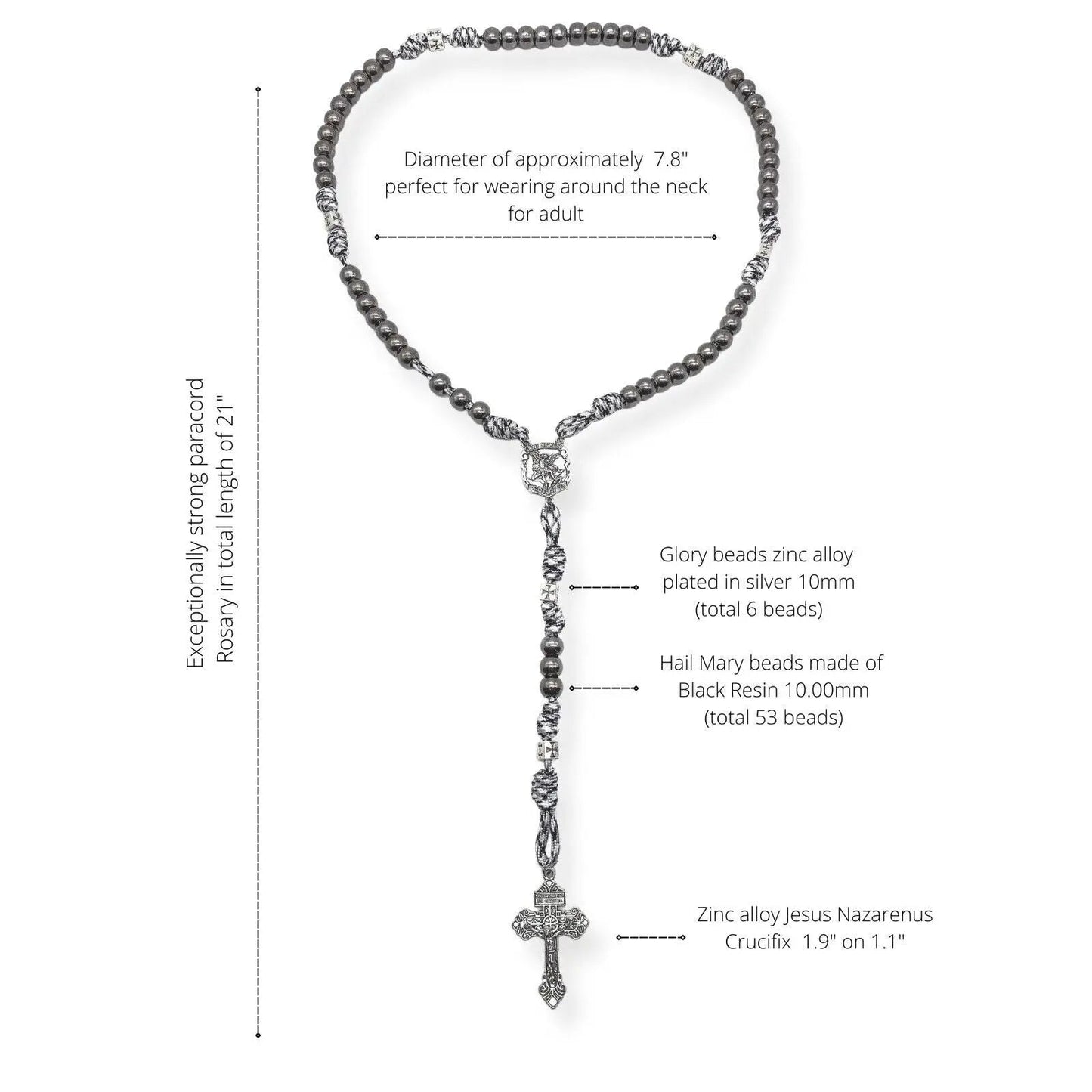 Black Beads Paracord Rosary 21" Necklace St Michael Medal Resin Rugged Chaplet