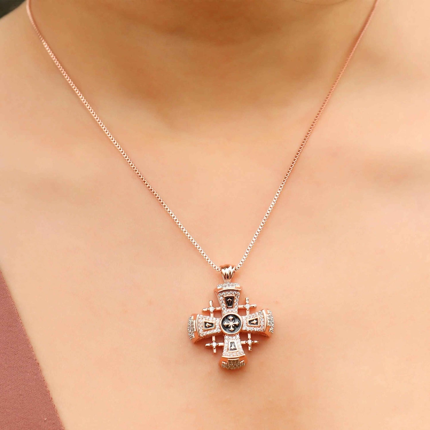 Jerusalem Cross Pendant 1.3" in Rose Gold Plating & Black Enamel with Clear CZ Zircons
