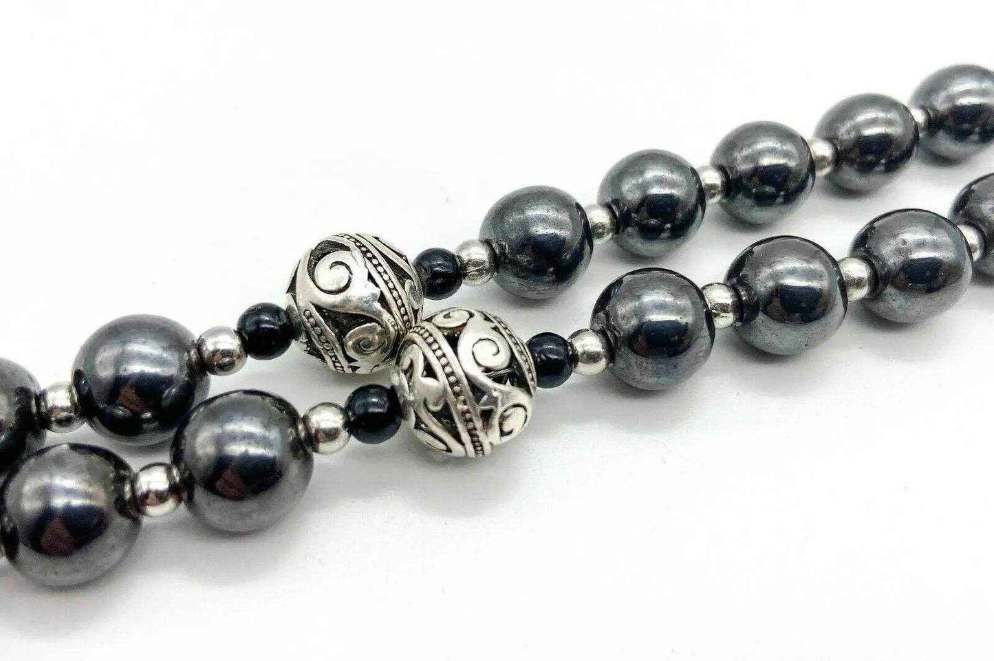 Black Hematite Beads Rosary Necklace Natural Stones & Metal Beaded Miraculous Medal