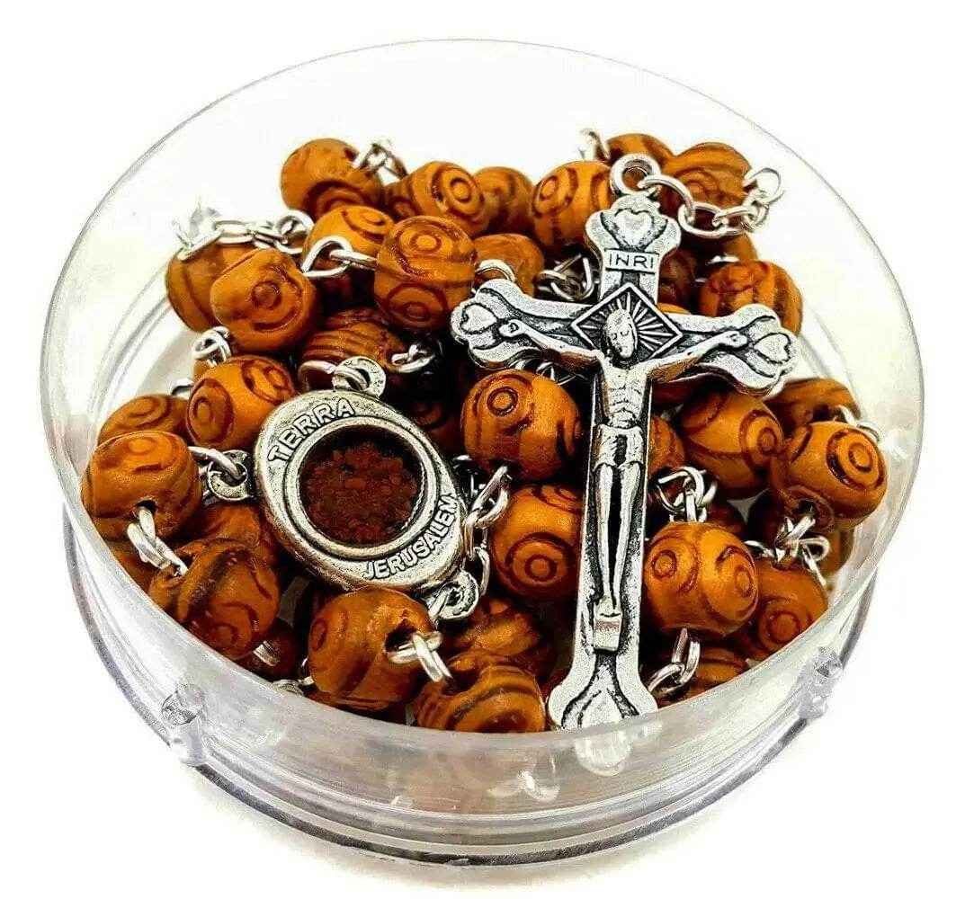 Carved Olive Wood Beads Rosary Necklace Holy Soil Medal