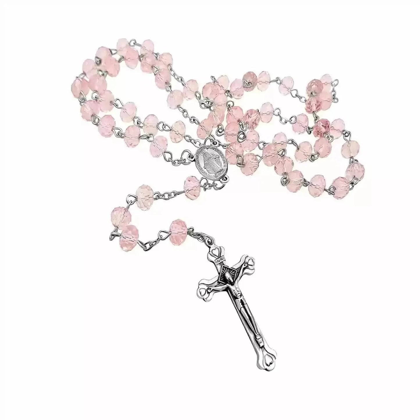 Catholic Pink Crystal Beads Rosary Necklace Miraculous Medal - Nazareth Store