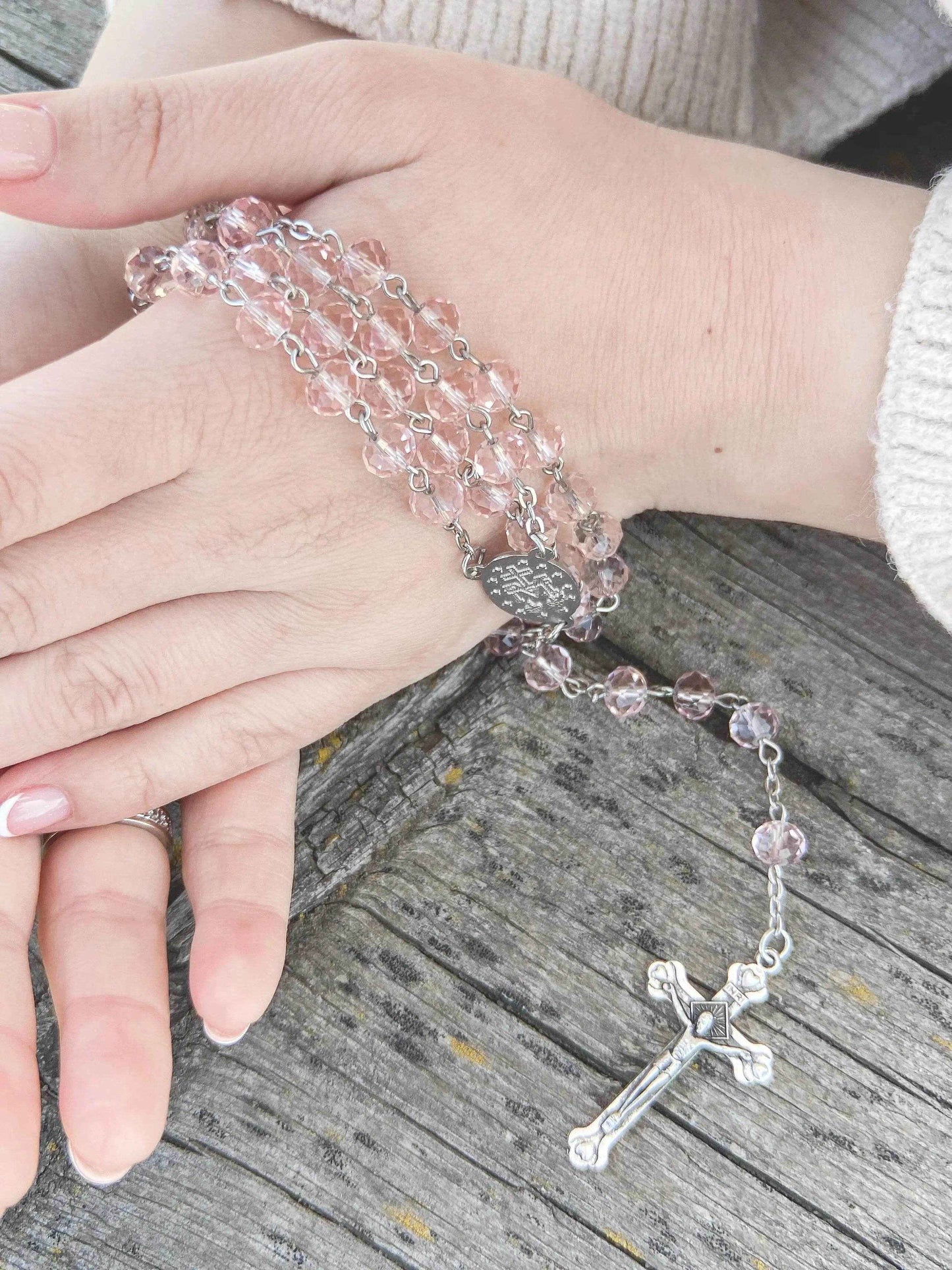 Catholic Pink Crystal Beads Rosary Necklace Miraculous Medal