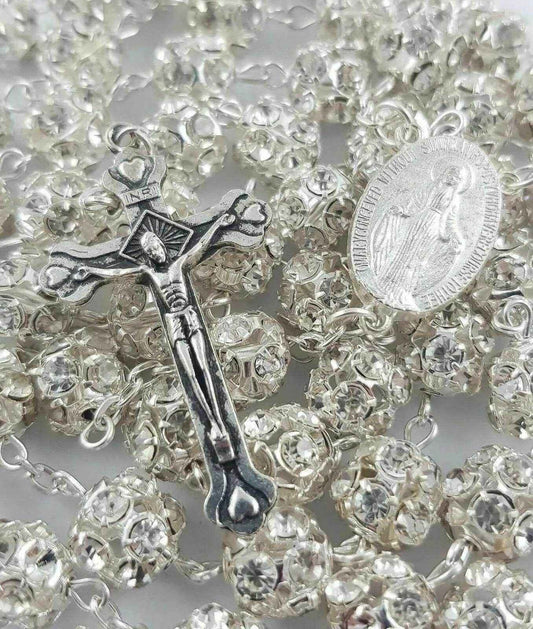 Clear Zircon Beads Rosary Catholic Necklace Miraculous Medal