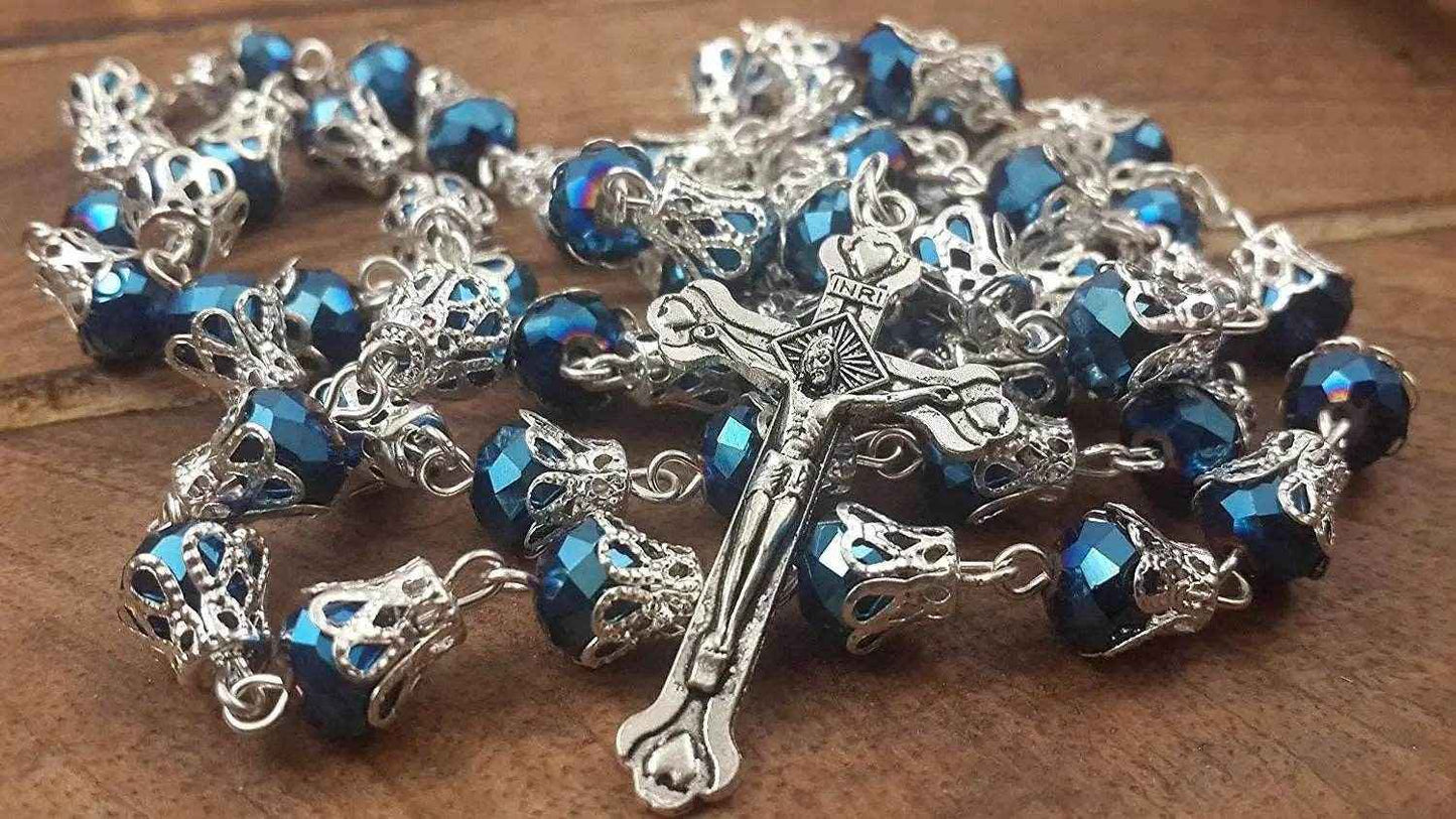 Blue Crystallized Glass Beads Rosary Prayer Necklace Holy Soil Medal & Cross Crucifix