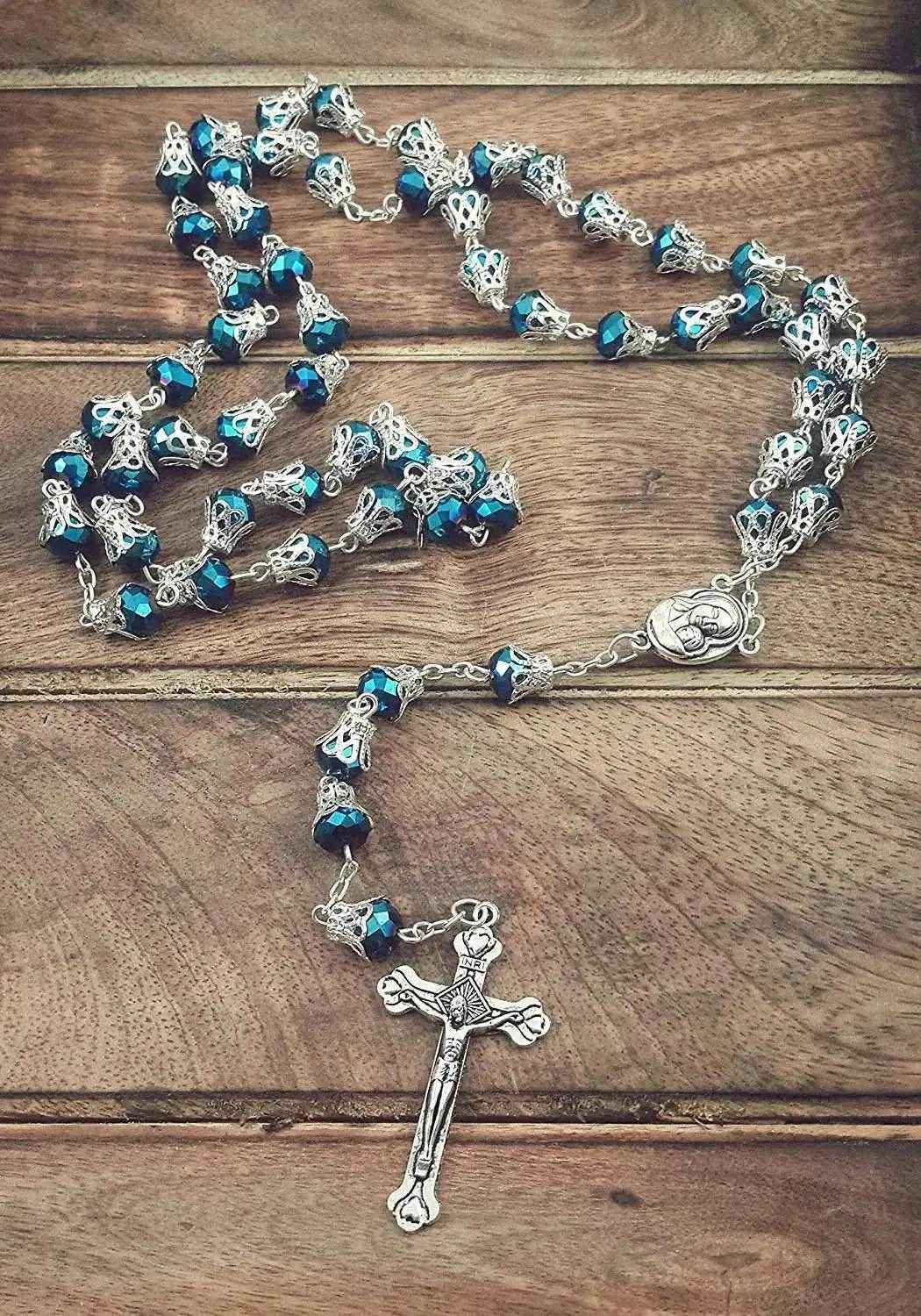 Blue Crystallized Glass Beads Rosary Prayer Necklace Holy Soil Medal & Cross Crucifix