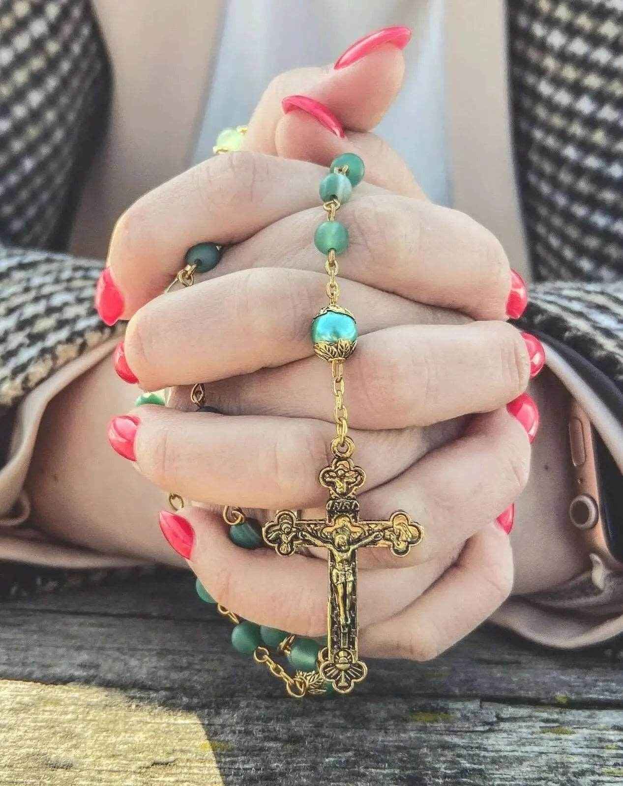Green Matte Beads Rosary Necklace Catholic Miraculous Medal & Cross Crucifix