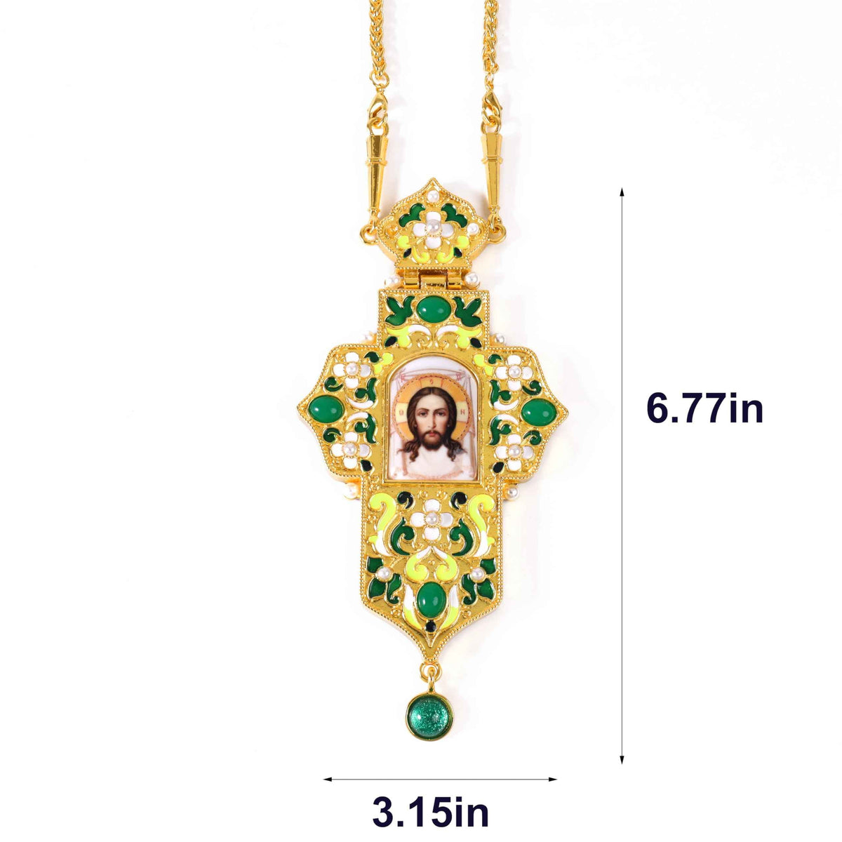 Green Enamel Orthodox Cross Pendant Gold Plated Crucifix Necklace