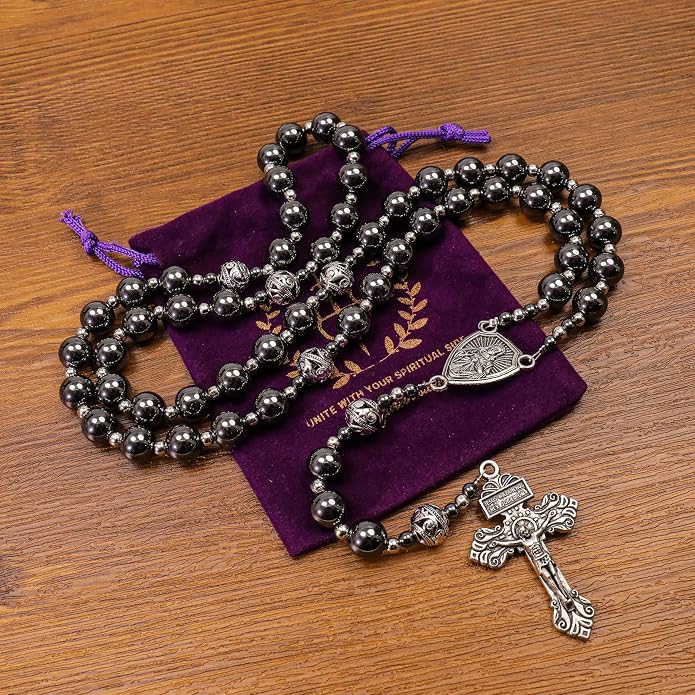 Black Stone Hematite Rosary Necklace Metal Beaded with Our Father Medal & Cross - Nazareth Store