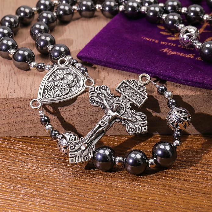 Black Stone Hematite Rosary Necklace Metal Beaded with Saint Joseph Medal & Cross-Nazareth Store