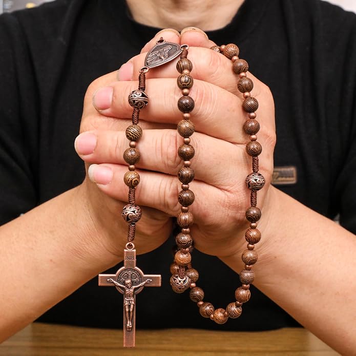 Solid Wooden Beaded Rosary Necklace Metal Glory Beads with Our Father Medal & Crucifix - Nazareth Store