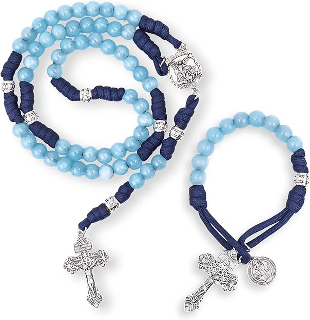 Aquamarine One Decade Rosary Beads Paracord Set St. Michael Necklace & St. Benedict - Nazareth Store