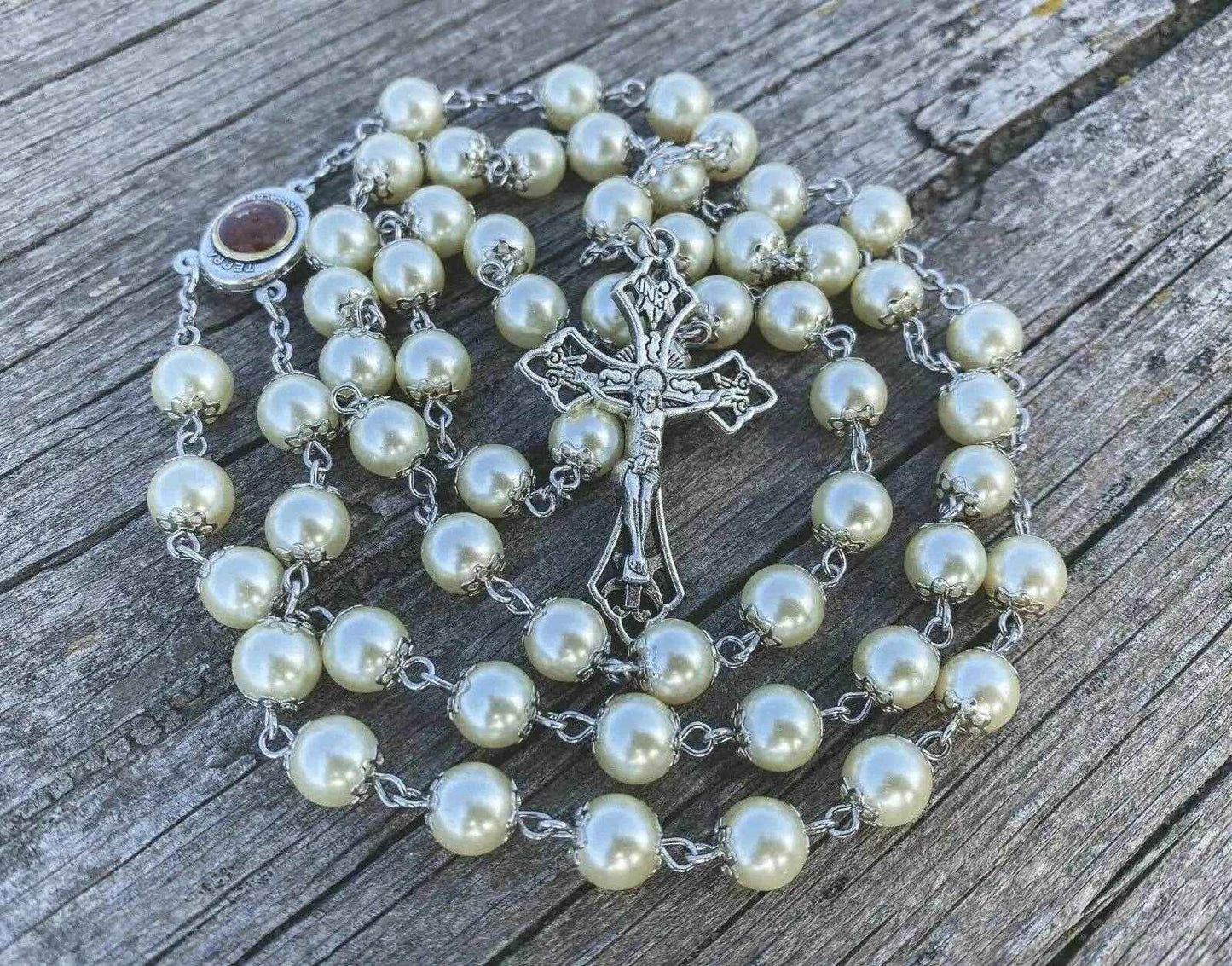 Cream Beads Pearl Rosary Chaplet Holy Soil Medal & Cross