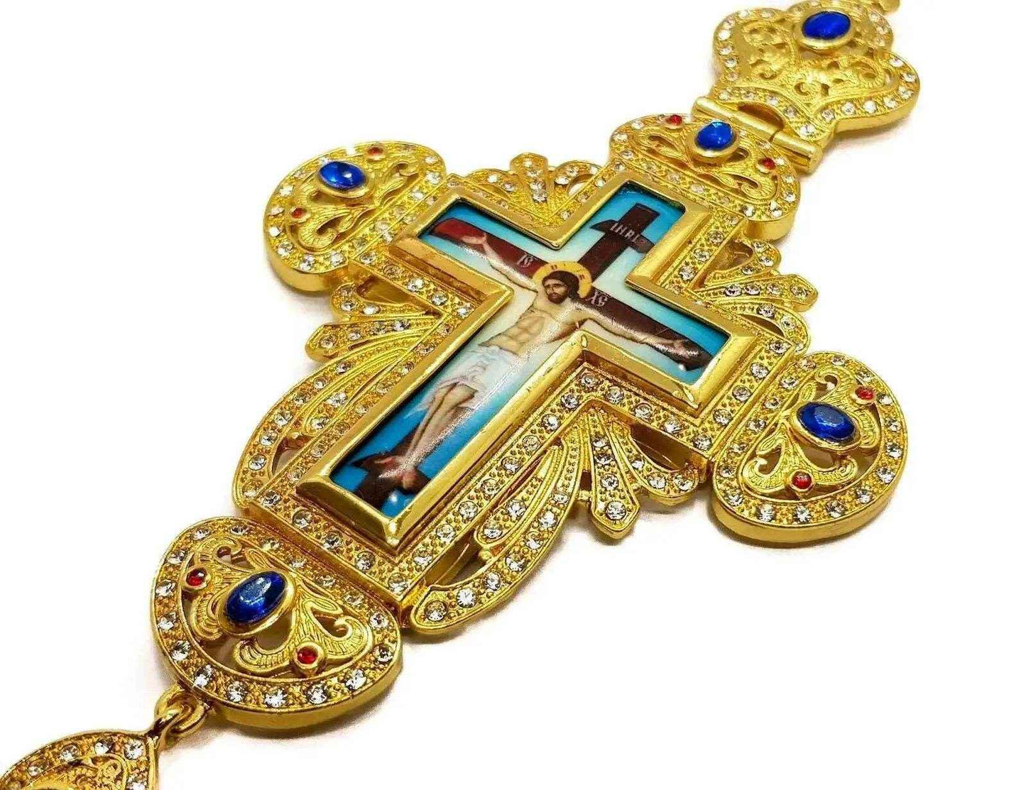 Pectoral Cross Blue Crystals Pendant Christian Priest Crucifix