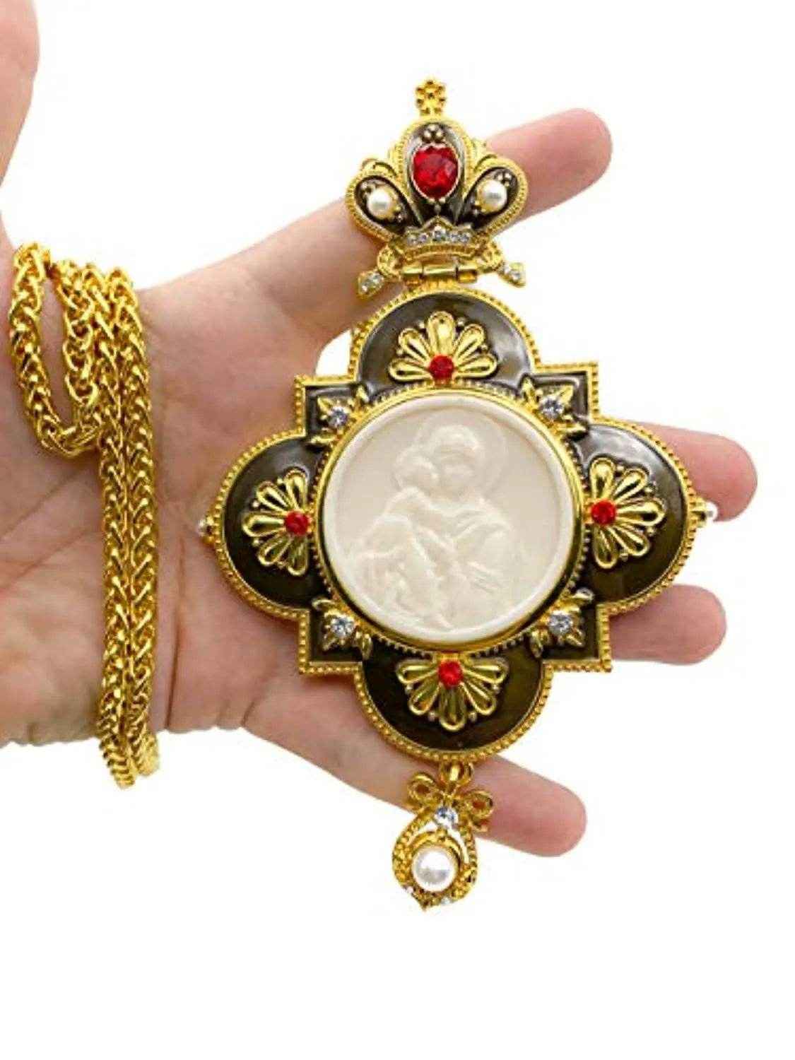 Enamel Red Crystals Pectoral Cross Necklace Holy Mary & Jesus Priest Bishop Crucifix