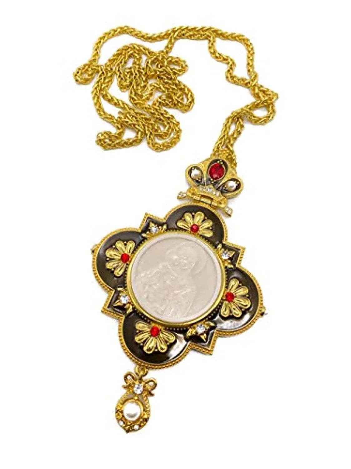Enamel Red Crystals Pectoral Cross Necklace Holy Mary & Jesus Priest Bishop Crucifix