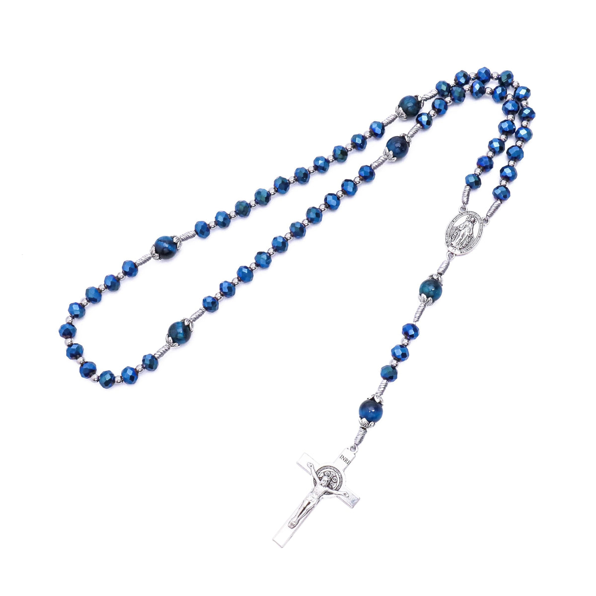 Blue Crystal Rosary Necklace with Tiger Eye Mystery Beads Silver-Plated Miraculous Medal & INRI Crucifix Handmade Catholic Prayer Beads Gift