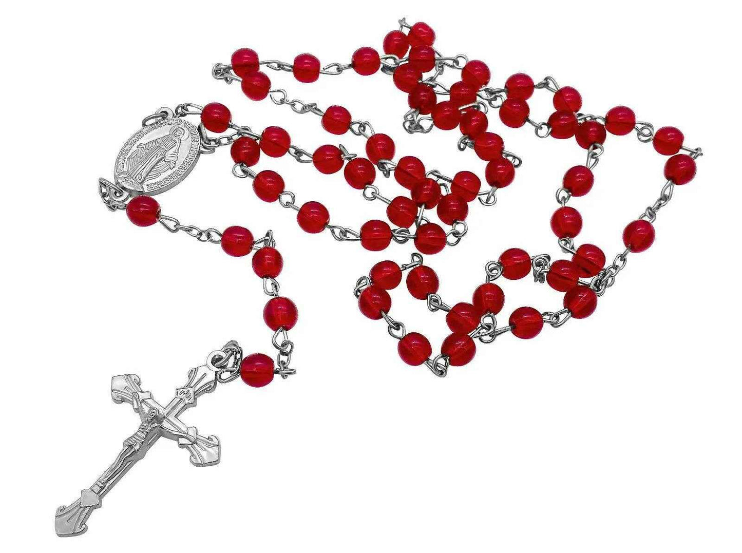 Round Red Glass Beads Rosary Necklace Miraculous Medal with Cross