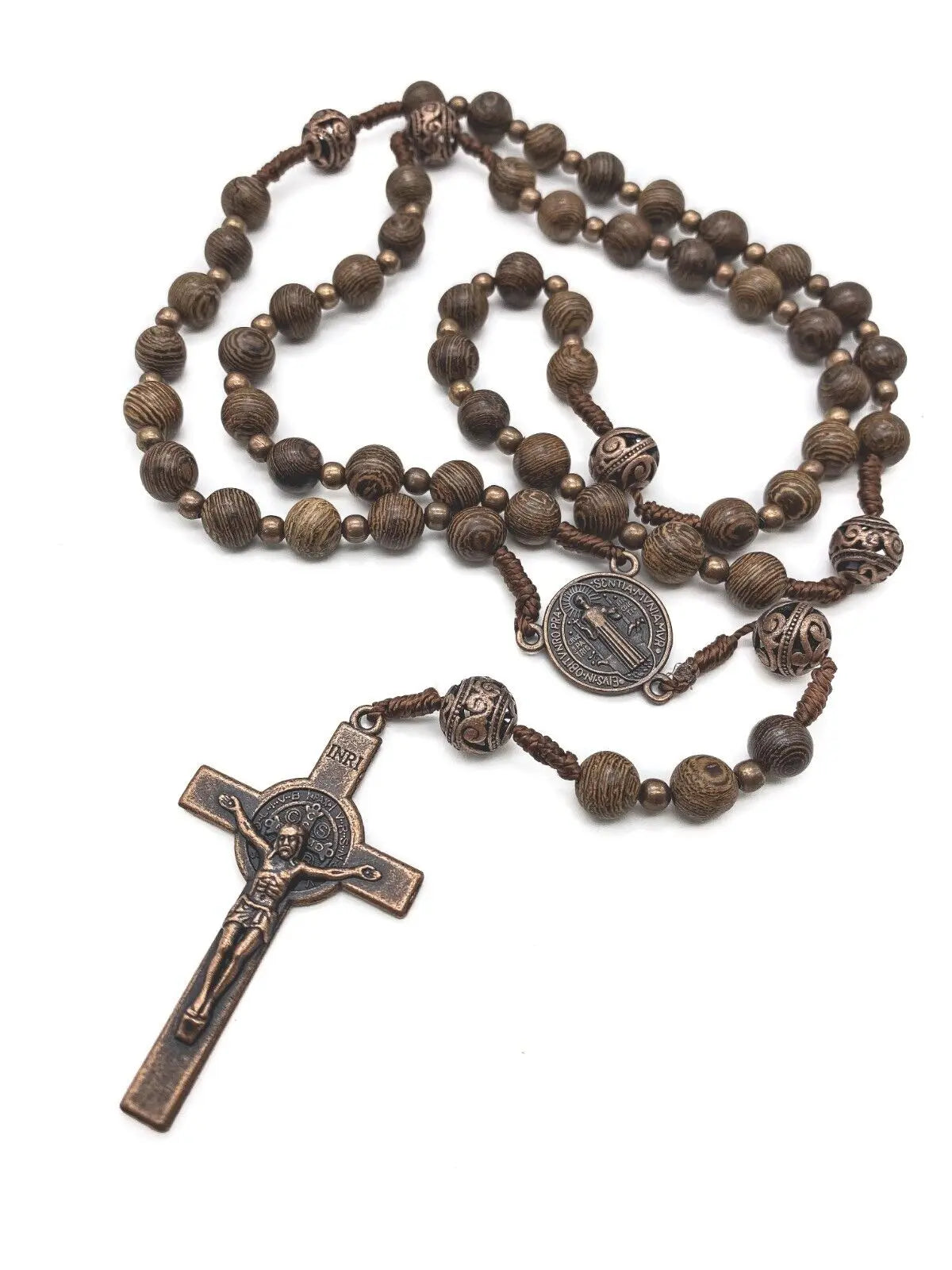 Sacred Wooden Rosary St Benedict Solid Wood & Metal Beads Catholic Chaplet 20"