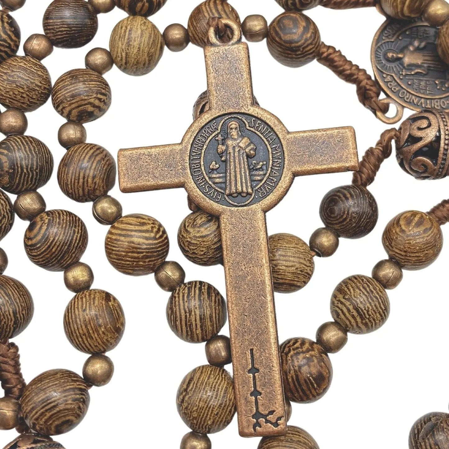 Sacred Wooden Rosary St Benedict Solid Wood & Metal Beads Catholic Chaplet 20"