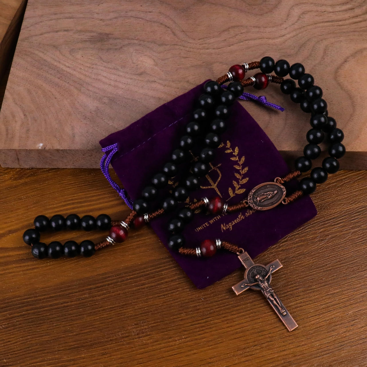 Handmade Solid Wood Catholic Rosary Beads Black & Dark Red Wood Mystery Beads Prayer Necklace with Antique Copper Guadalupe Medal & Crucifix