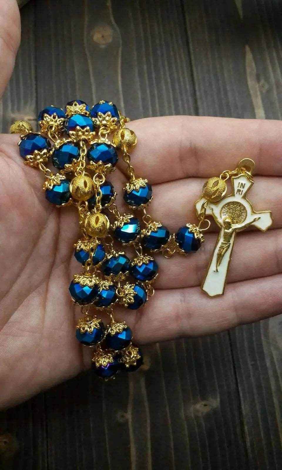 St Benedict Deep Blue Rosary Necklace 10mm Crystals Beaded Chaplet